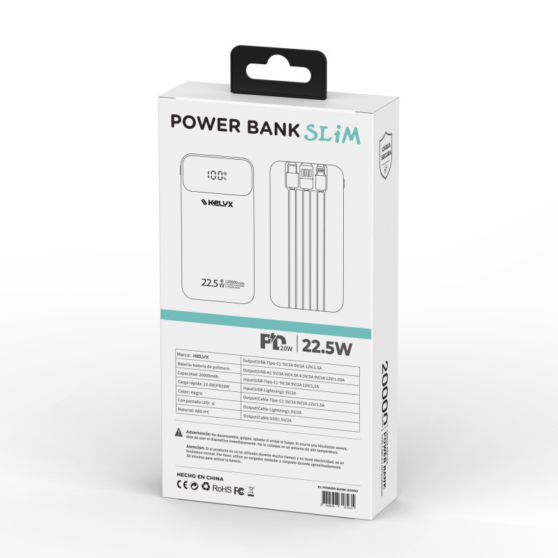 Power Bank Kelyx Slim 20000 mHa Type-C+USB+Lightning Fast Charge 22.5W Black