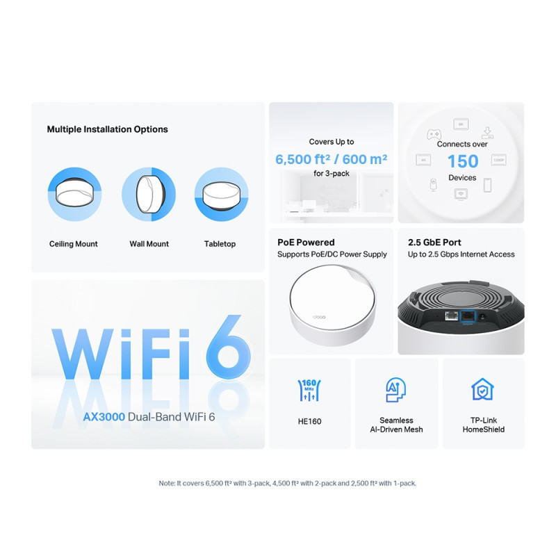 ACCESS POINT DECO X50 POE PACK DE 3 MESH TP LINK AX3000 WIFI GIGABIT